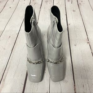 Jeffrey Campbell Gray Patent Chain-Trim Square-Toe Ankle Booties